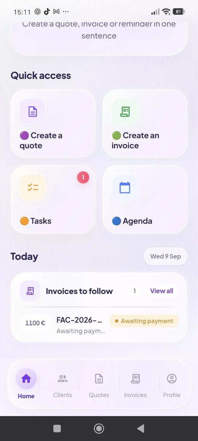 Sara quick access to quotes, invoices, tasks and calendar
