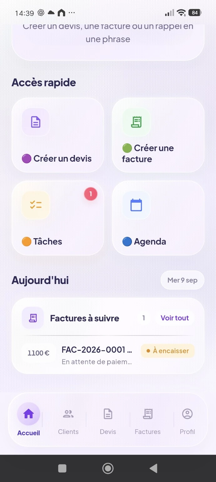 Accès rapide de Sara aux devis, factures, tâches et agenda